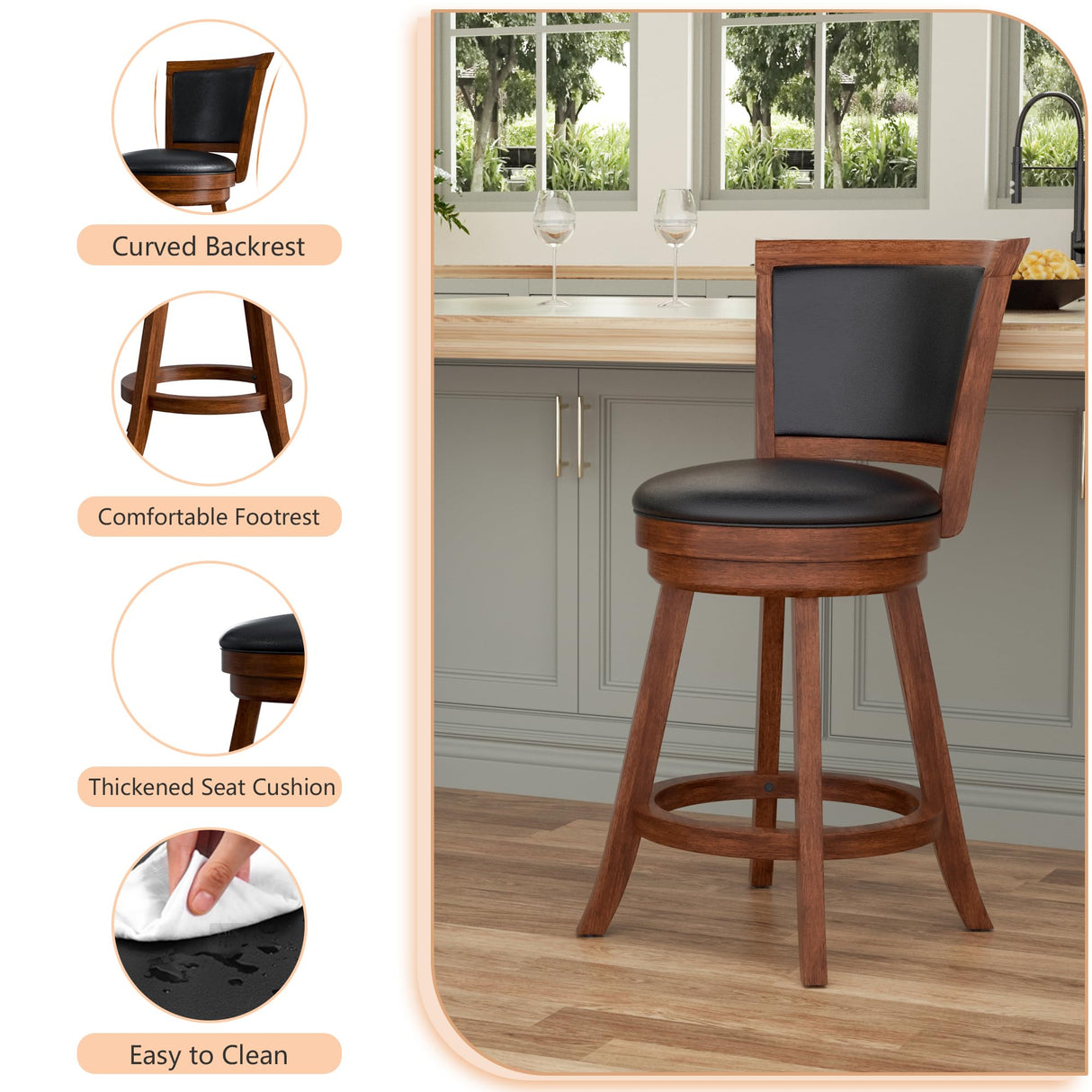 Swivel Bar Stools Set of 2, 24" Counter Height Swivel Barstools with Back & Faux Leather Upholstered Seat, Island Chairs with Solid Wood Legs & Footrest for Kitchen, Dining Room, Pub (Brown) Buytime