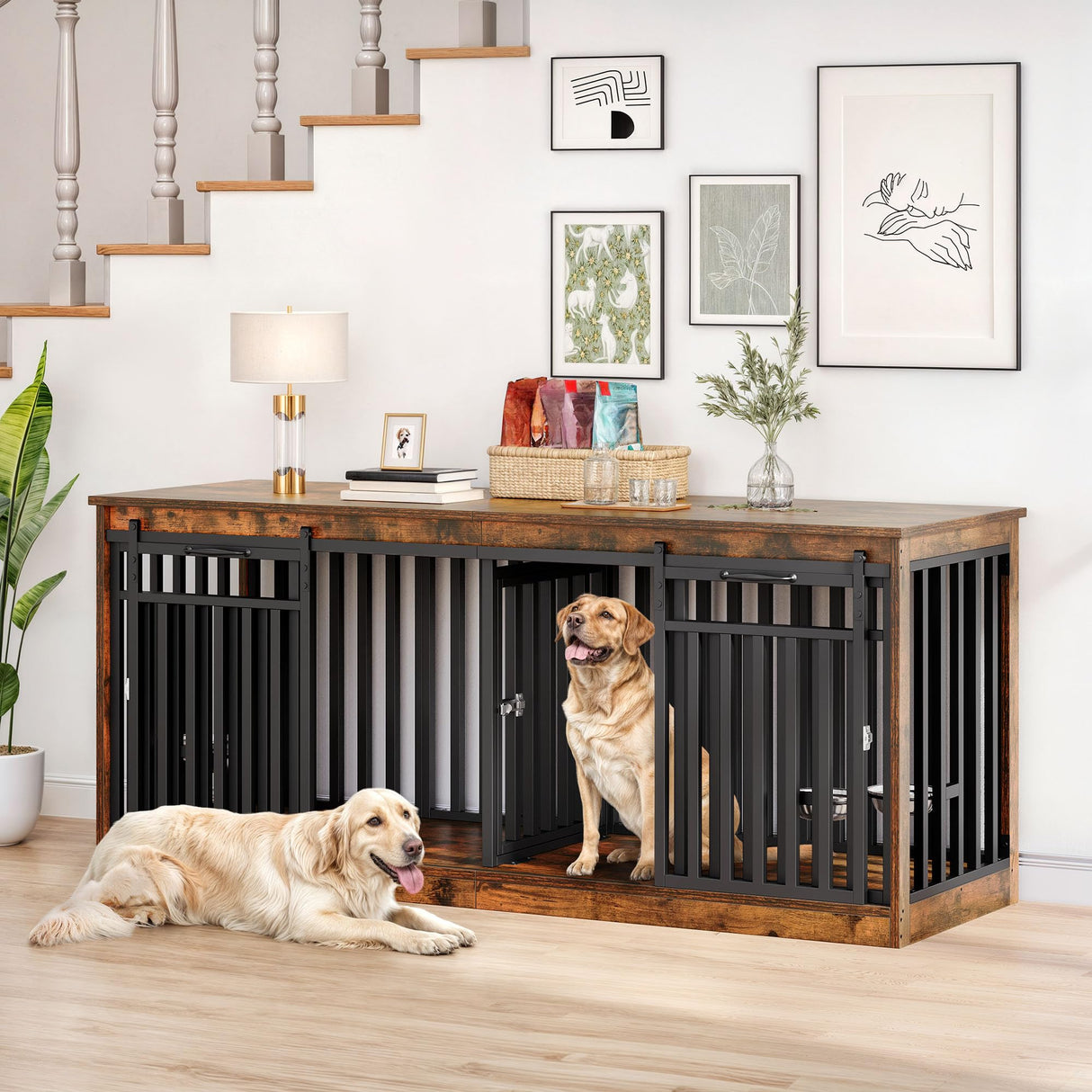 DWVO 71" Double Dog Crate Furniture for 2 Medium Dogs, Heavy Duty Wood Dual Dog Kennel TV Stand with Sliding Doors, Decorative Wooden 2 Dog Cage Table with Dog Bowls for Extra Large Dogs Rustic Brown DWVO