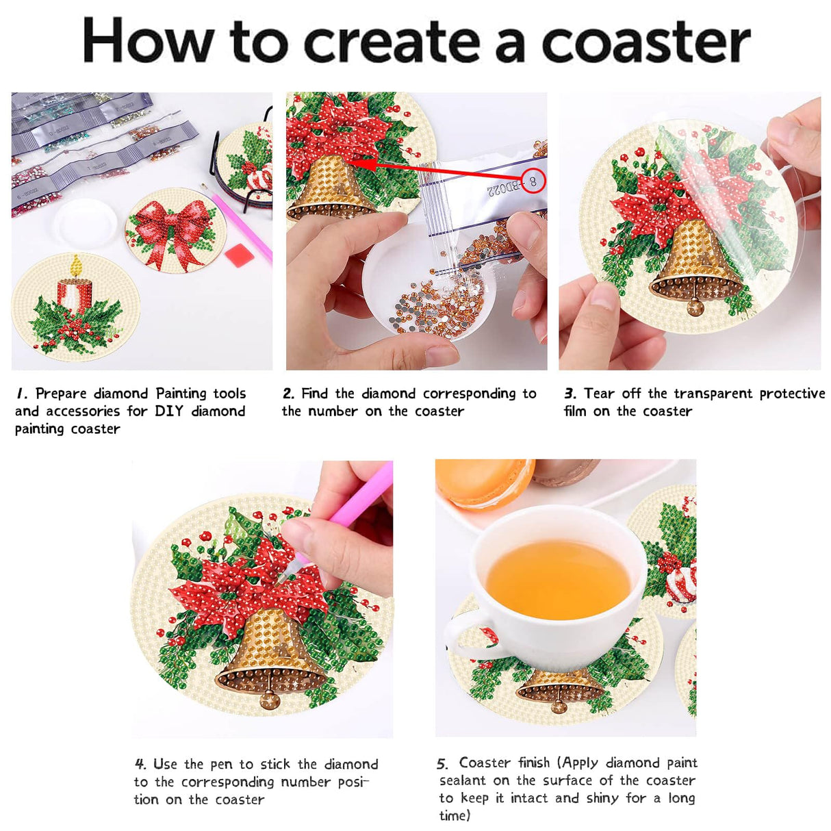 eniref 8 Pcs Christmas Diamond Art Coasters Kits with Holder, Chirstmas Bell Candy Candle Diamond Pinting Coasters Acrylic Cup Coaster with Cork Pads for Tabletop Protection 10×10 CM eniref