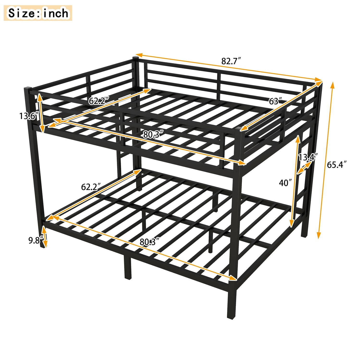 RuiSiSi Queen Over Queen Metal Bunk Bed, Heavy-Duty Queen Bunk Beds with 2 Ladders for Kids Adults, Space-Saving Bunk Bed Frame with Safety Guardrails, Easy Assembly, Noise-Free, Black