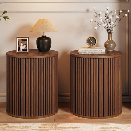 AVZEAR Small Round Side Table Fluted Night Stand Set of 2, Mid Century Modern End Table with Storage, Circle Bedside Tables Wood Nightstands for Small Spaces, Living Room, Bedroom (Walnut) AVZEAR