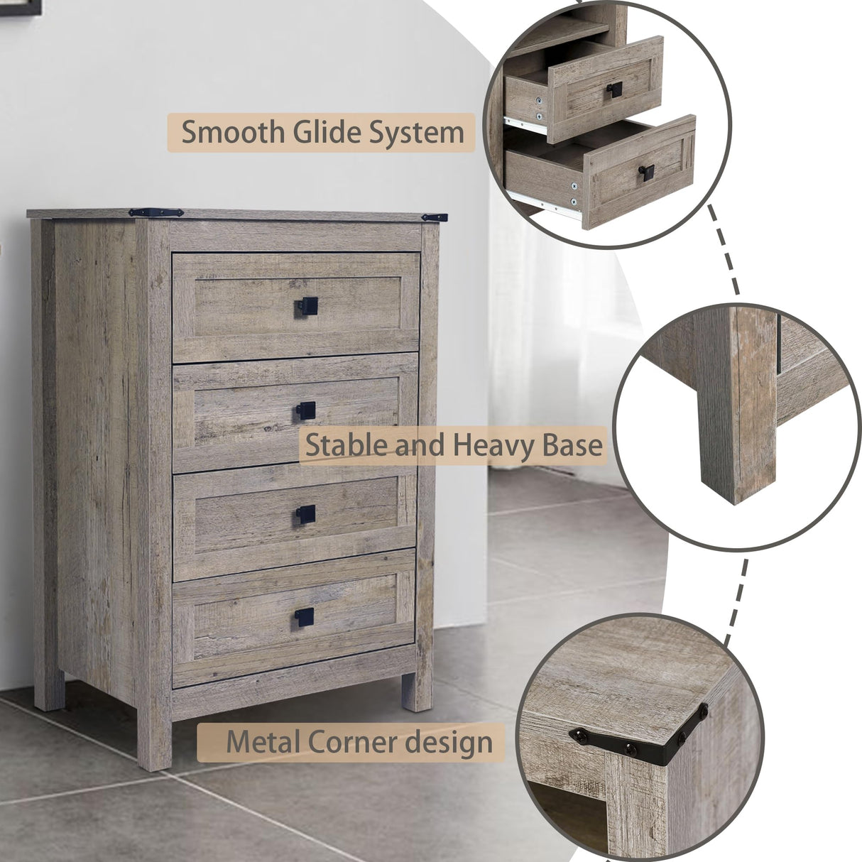 CATMIX 4 Drawer Dresser for Bedroom, Tall Chest of Drawers, Wooden Storage Cabinet Farmhouse Closet Organizer for Living Room, Hallway, Laundry. Light Rustic Brown Wood Grain, Rustic Grey CATMIX