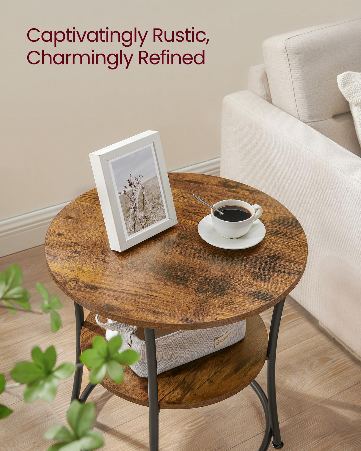 VASAGLE Side Table, Round End Table with 2 Shelves for Living Room, Bedroom, Nightstand with Steel Frame for Small Spaces, Outdoor Accent Coffee Table, Rustic Brown and Black VASAGLE