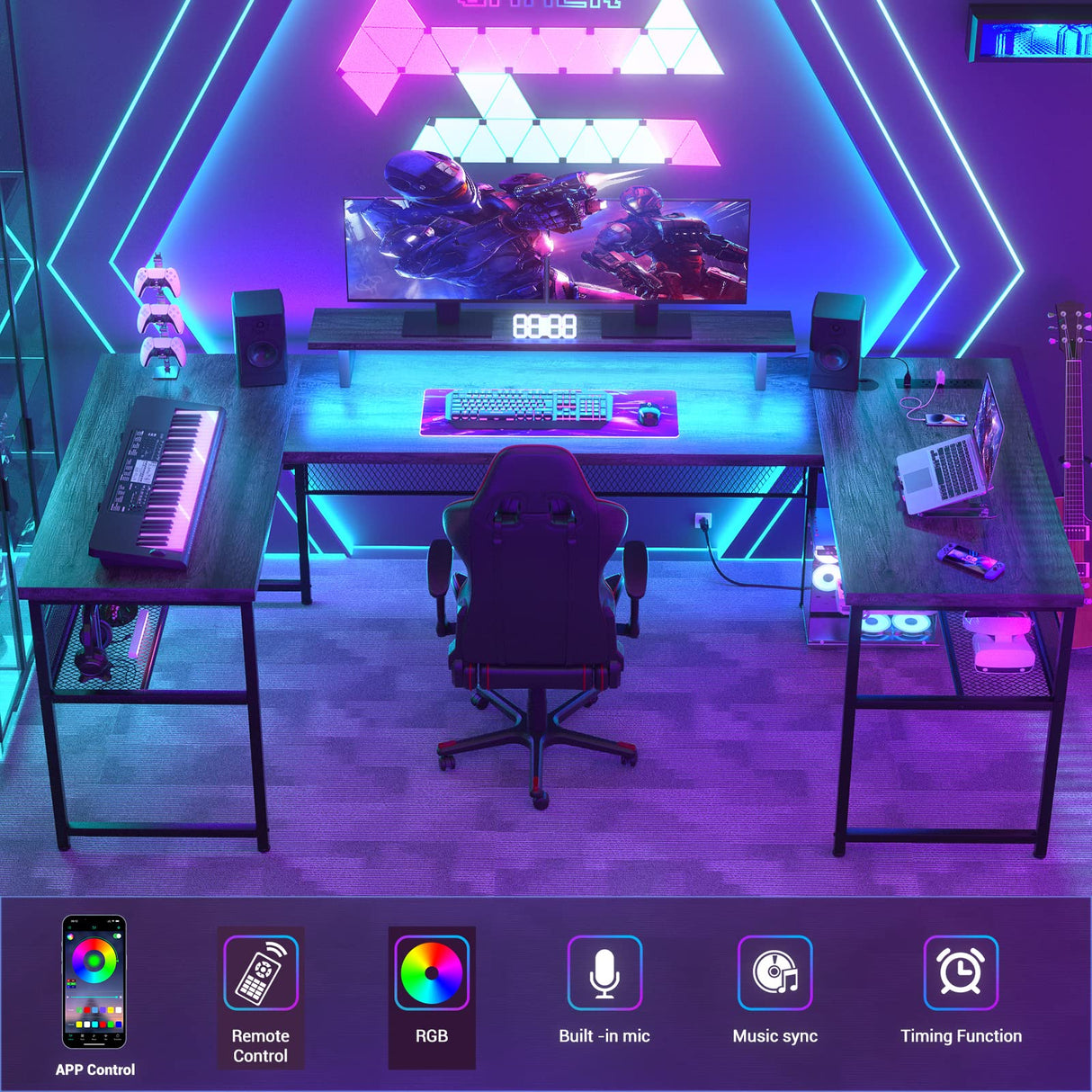 Unikito 130 Inch Versatile U Shaped Office Desk with Smart LED Lighting and Integrated Power Outlet, Stylish Black Oak Unikito