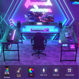 Unikito 130 Inch Versatile U Shaped Office Desk with Smart LED Lighting and Integrated Power Outlet, Stylish Black Oak Unikito