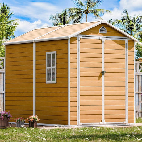 Resin Storage Shed with Floor 8 x 6 FT Waterproof Plastic Outdoor Garden Sheds Kit with Lockable Door & Windows,Patio Tool Shed for Backyard Lawn, Wood Color WELYAS