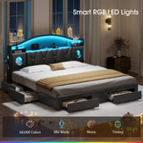 King Size Bed Frame,Platform Bed Frame King Size with 6 Storage Drawers & Headboard, King Bed with LED Lights&Charging Station,Sturdy Metal Slats,Noise-Free,No Box Spring Needed,Easy Assembly,PU Black Tagafi