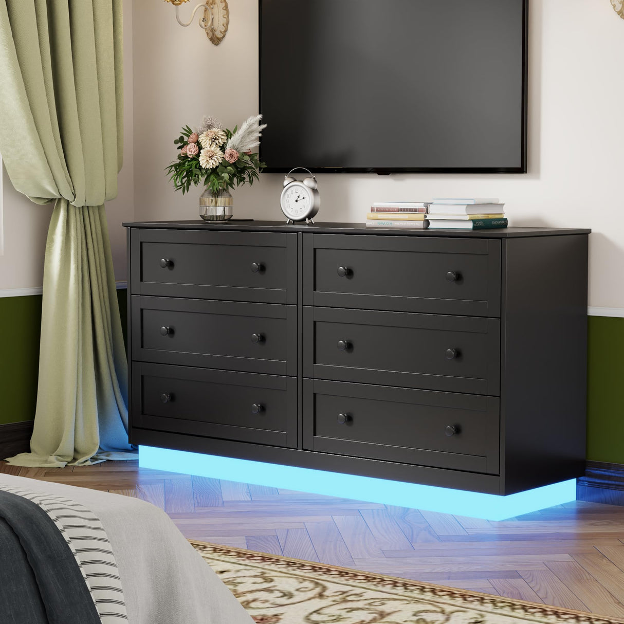 Gyfimoie 6 Drawer Dresser with Power Outlet and LED Light, Modern Floating Storage Dresser for Bedroom, Living Room Gyfimoie