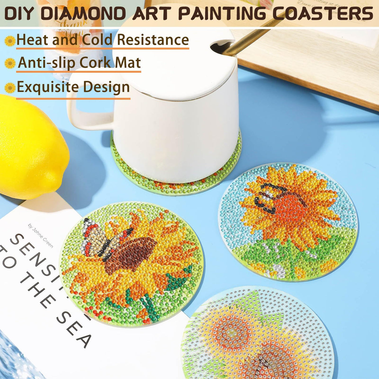 UPINS 8Pcs Sunflower Diamond Art Painting Coasters for Drinks DIY Coaster Diamond Art Kits for Adults Diamond Art Craft Supplies (Sunflower) UPINS
