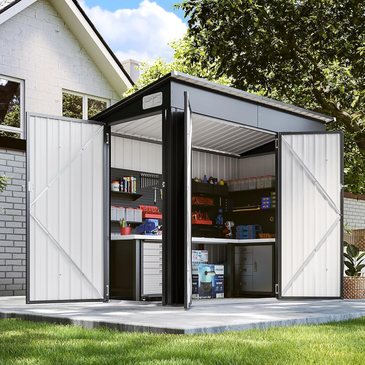 BinpLax 8'x4' Shed Galvanized Steel Storage Sheds with Triple Doors Weatherproof Outdoor Utility Sheds, Dual Lock Lean to Shed with Sloped Roof for Mower, Bike, Generator, Garden Tools (Black) BinpLax