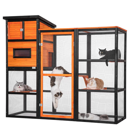 Petsfit Catio Outdoor Cat Enclosure, Cat Catio Outdoor with 4 Tries, 2 Resting Room, 4 Platforms and Waterproof Roof, Catio Outdoor Orange Petsfit