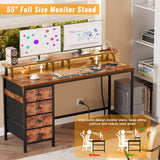Furologee 55in Computer Desk with 4 Drawers, LED Gaming Desk with Power Outlets, Office Desk with Full Monitor Stand and Storage Shelf, Study Work Desk for Home Office Bedroom, Rustic Brown Furologee