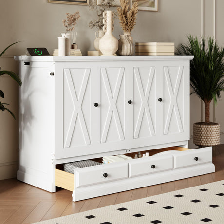 Harper & Bright Designs Full Size Murphy Bed, Solid Pine Wood Farmhouse Full Murphy Bed Frame Chest Cube Cabinet with Charging Station and Large Drawer for Home Office or Small Room, White Harper & Bright Designs