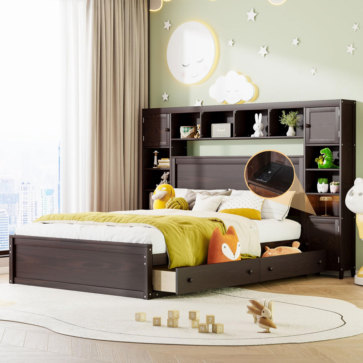 Queen Storage Platform Bed with Bookcase Headboard and Drawers in Espresso Harper & Bright Designs