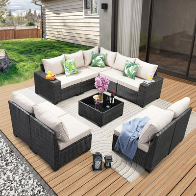 JOYURE 10 Pieces Patio Furniture Set All-Weather Outdoor Wicker Sectional Conversation Sofa Rattan Patio Seating Sofa with Cushion and Glass Table for Porch Poolside,Beige