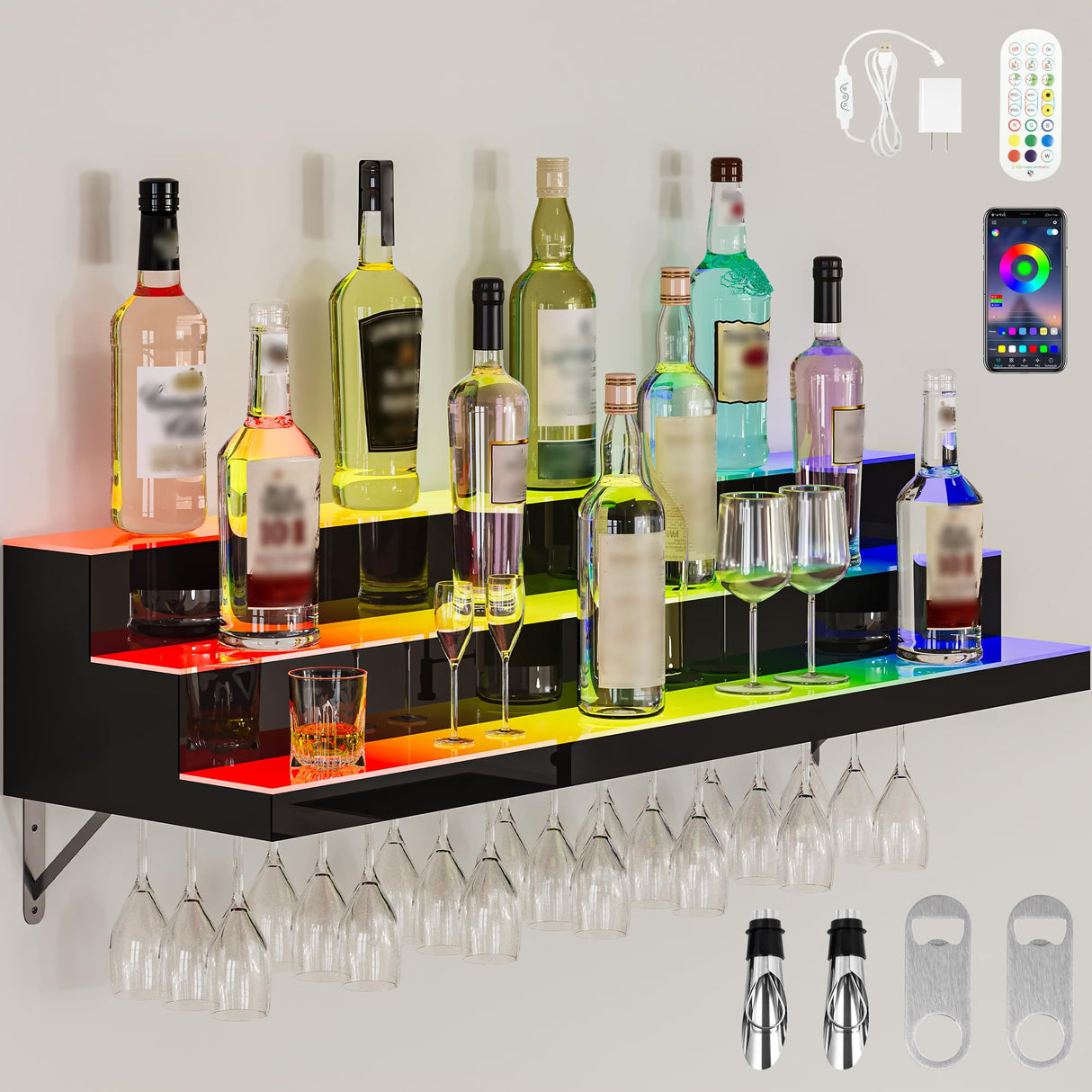 YITAHOME LED Light Liquor Bottle Display Shelf, 3-Tier 40-inch Bar Shelves for Liquor Bottles Wall Mounted Acrylic Liquor Shelf with Wine Holder Slots, Remote & App Control for Home Commercial Bar YITAHOME