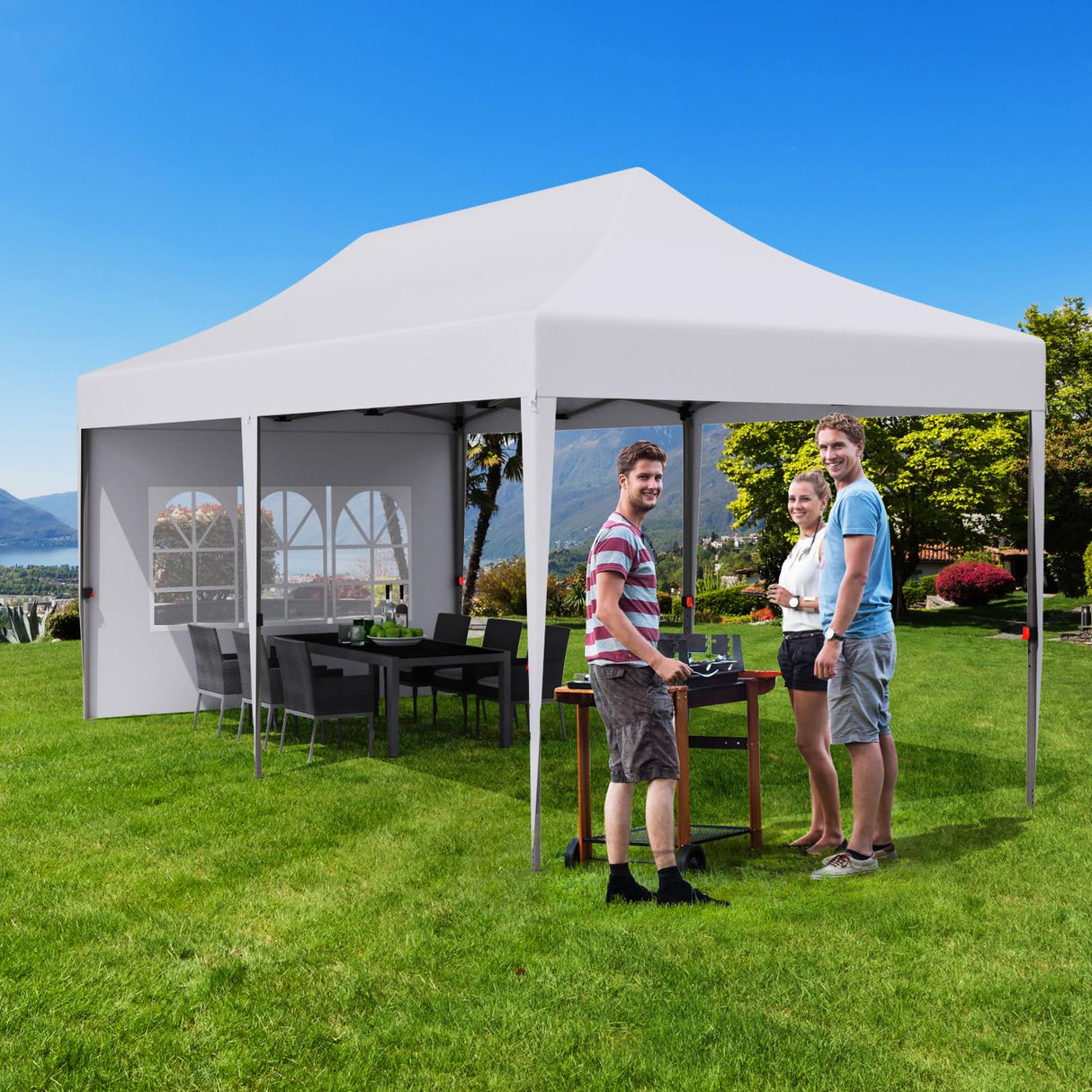 MAMIZO 10x20ft Pop up Canopy Tent w/6 Sidewalls, Heavy Duty Wedding Party Tent, Height Adjustable Large Commercial Gazebo, Instant Sun Protection Shelter W/Upgraded 3 Raised Roofs, Wheeled Bag (White) MAMIZO