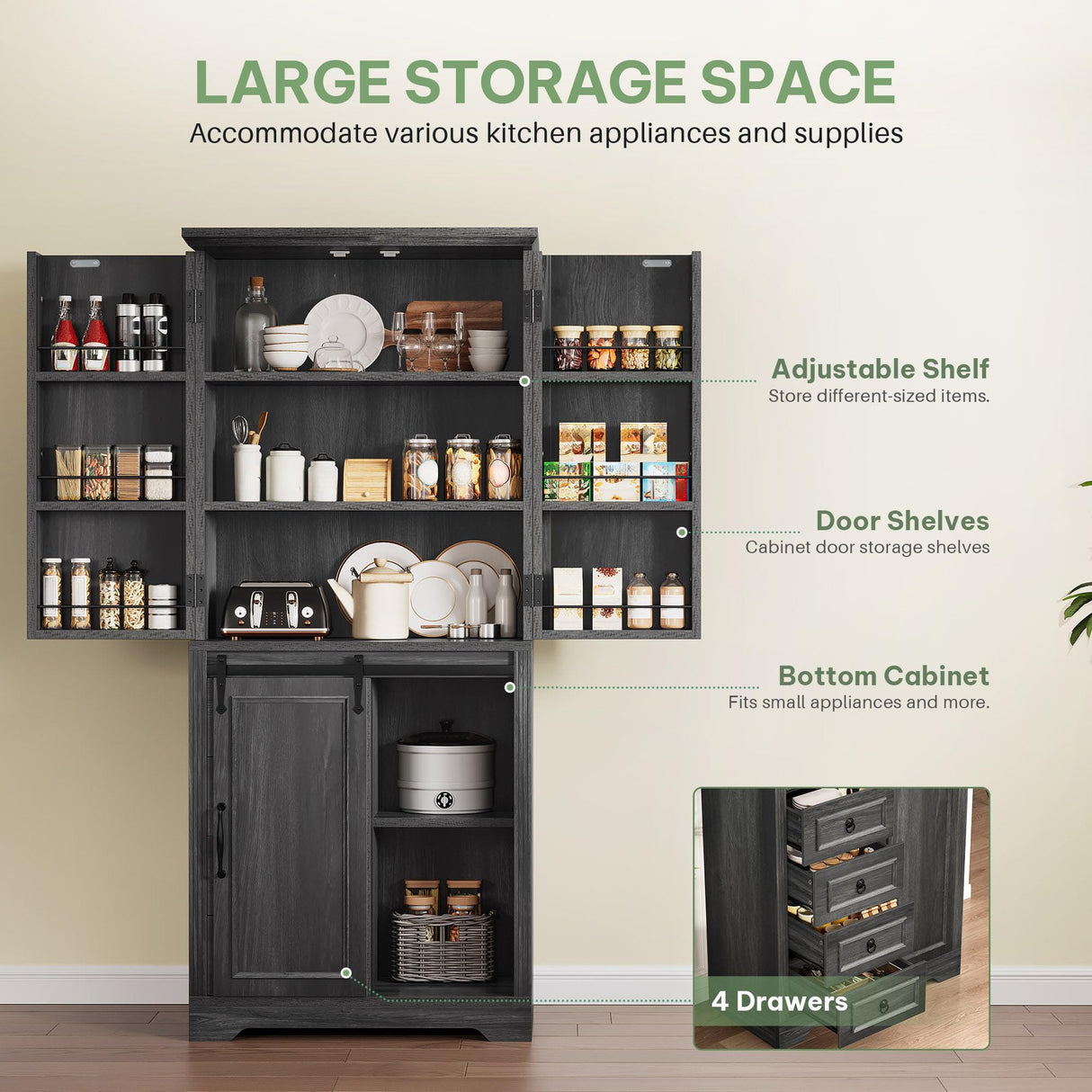 YITAHOME Pantry Cabinet, 71-Inch Tall Freestanding Storage Cabinet with 4 Drawers, Farmhouse Cupboard with Doors Storage, Adjustable Shelves, for Living Room, Dining Room, Gray Oak YITAHOME