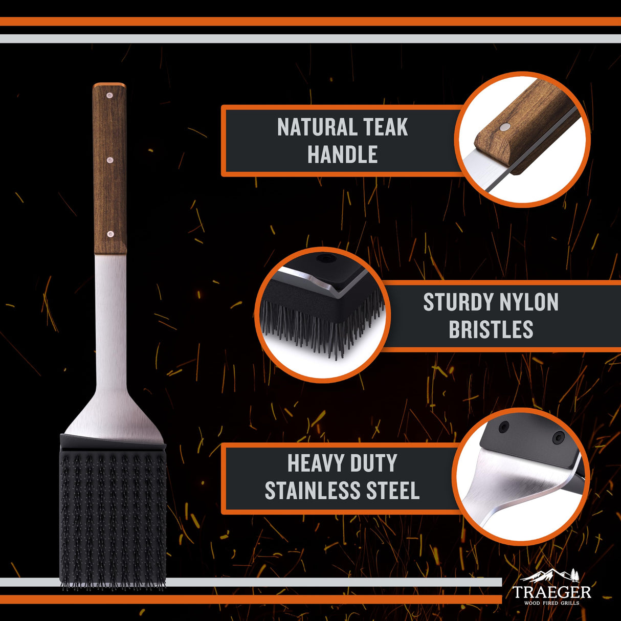 Traeger Grills BAC537 BBQ Cleaning Brush for Outdoor Grill – Stainless Steel Grill Scraper with Nylon Bristles, Teak Wood Handle, Dual Grip Design, and Hanging Loop Traeger