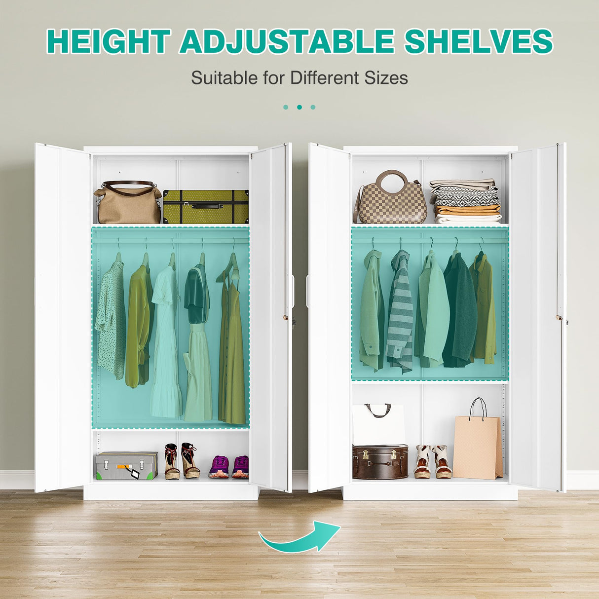 Metal Wardrobe Cabinet with Hanging Rod & Lock,White Armoire Wardrobe Closet,Metal Clothing Storage Cabinet with Adjustable Shelves and Doors,72" Armoire Storage Cabinets for Home,Living/Laundry Room SISESOL