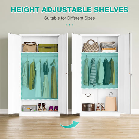 Metal Wardrobe Cabinet with Hanging Rod & Lock,White Armoire Wardrobe Closet,Metal Clothing Storage Cabinet with Adjustable Shelves and Doors,72" Armoire Storage Cabinets for Home,Living/Laundry Room SISESOL