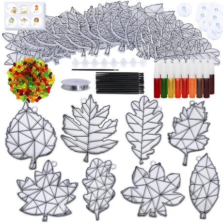 Winlyn 24 Sets Fall Leaf Suncatchers Ornaments Decorations DIY Window Paint Art Suncatchers Craft Kits Autumn Maple Leaf Sun Catchers for Kids Classroom Thanksgiving Harvest Party Art Project Winlyn