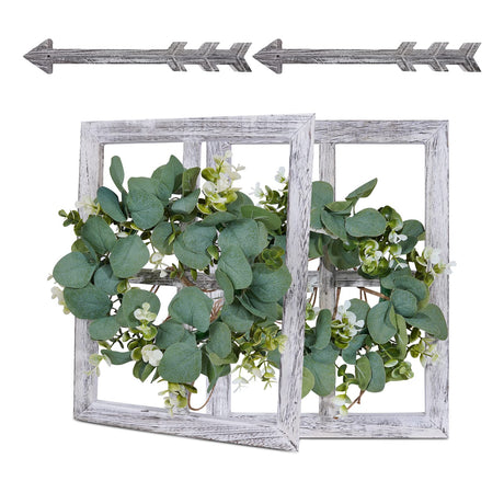 WAKOSAN Rustic Wood Window Frame with Green Wreath and Arrows Wall Decor，Farmhouse Window Frame Wall Decor, Wooden Fake Window Decoration,Window Pane Wall Decor,Set of 2 (White) WAKOSAN