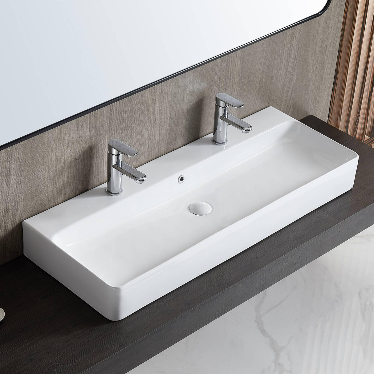 Eridanus Bathroom Sink Rectangle 43" x 16", Two Hole Vitreous Ceramic Vessel Sink, Countertop & Wall Mount, Modern Porcelain Vanity Floating Sink Art Basin Trough with Overflow, Glossy White Eridanus