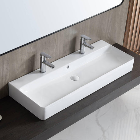 Eridanus Bathroom Sink Rectangle 43" x 16", Two Hole Vitreous Ceramic Vessel Sink, Countertop & Wall Mount, Modern Porcelain Vanity Floating Sink Art Basin Trough with Overflow, Glossy White Eridanus