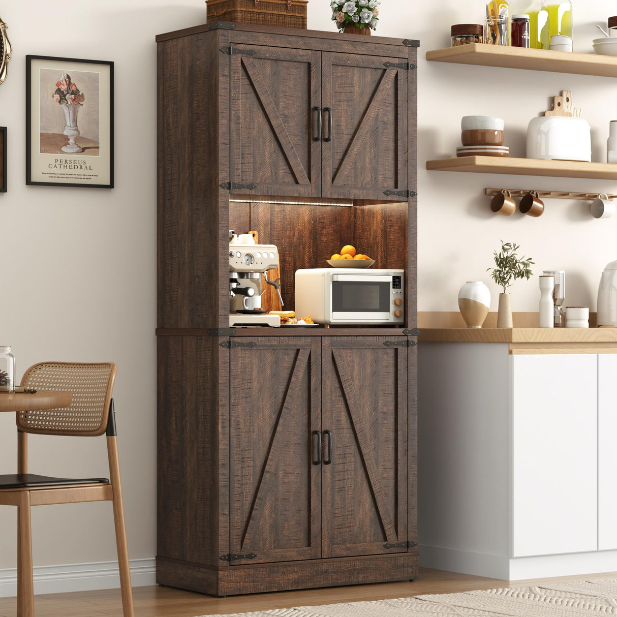 72" Tall Farmhouse Kitchen Pantry Cabinet with LED Light and Power Outlet,Modern Farmhouse Kitchen Storage Cabinet w Load-Bearing Steel Pipe,Barn Doors, Organizer,Food Pantry Cabinets(Rustic Brown) chartustriable