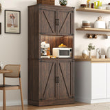 72" Tall Farmhouse Kitchen Pantry Cabinet with LED Light and Power Outlet,Modern Farmhouse Kitchen Storage Cabinet w Load-Bearing Steel Pipe,Barn Doors, Organizer,Food Pantry Cabinets(Rustic Brown) chartustriable