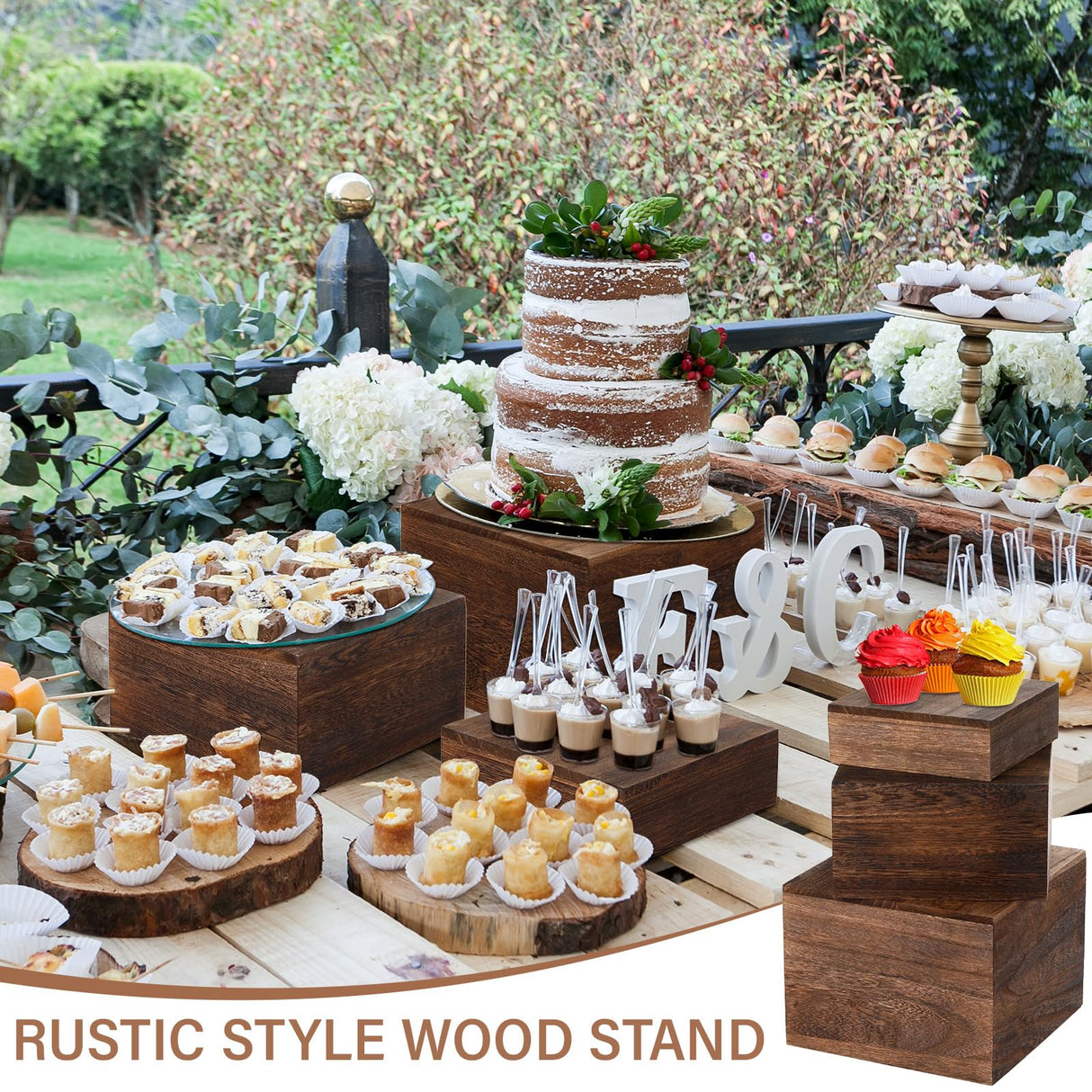 Barydat 3 Pcs Wooden Risers Stands Cake Rustic Stackable Square Cupcake Stands Base for Buffet Table Dessert Food Birthday Wedding Party Barydat