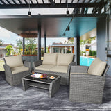 Tangkula 4 Pieces Patio Furniture Set, All Weather Outdoor Sectional Rattan Sofa Set with Cushions & Tempered Glass Table, Wicker Conversation Couch Set for Backyard Garden Poolside Tangkula
