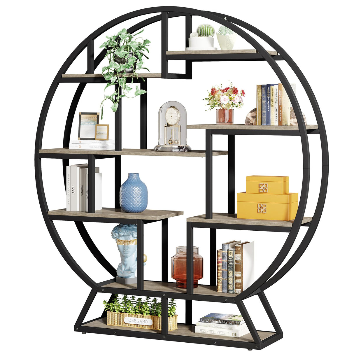 Tribesigns Bookshelf, Round Bookshelves Etagere Bookcase, 63 Inch Industrial Wood Book Shelf with Staggered Shelves, Open Shelving Organizer Rack Display Shelf for Home Office, Living Room, Grey Tribesigns