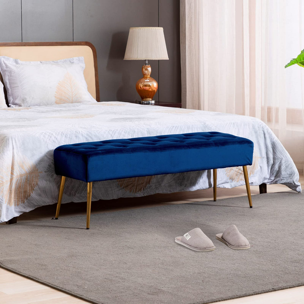 DUHOME Button-Tufted Ottoman Bench, Upholstered Bedroom Benches Velvet Footrest Stool Dining Bench Accent Bench for Entryway Dining Room Living Room Bedroom, Dark Blue DUHOME