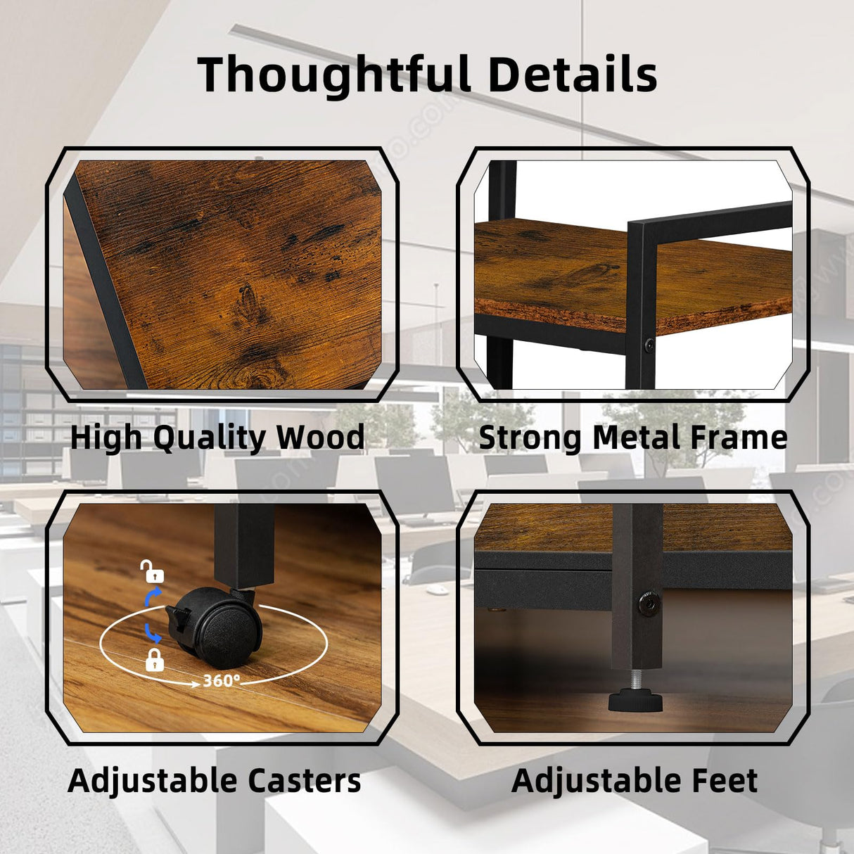 Lerliuo Printer Stand with Charging Station and USB Ports, Large 3-Tier Mobile Printer Table with Storage Shelf, Brown Rolling Industrial Printer Cart with Lockable Wheels for Home Office Lerliuo