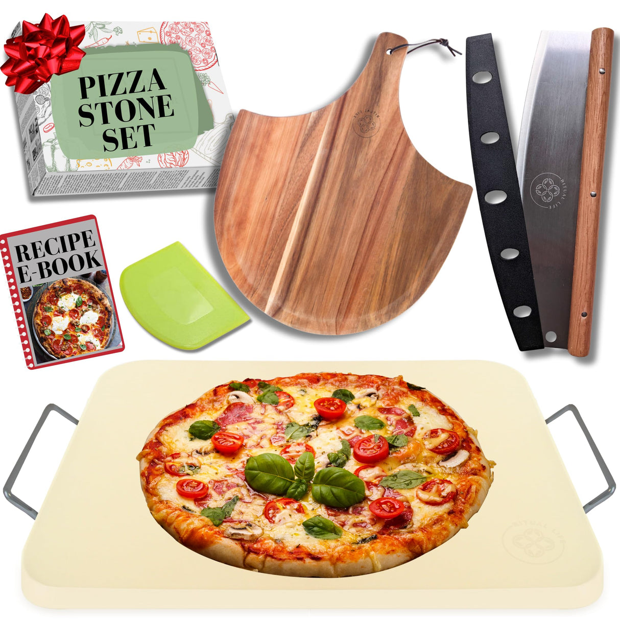 Pizza Stone for Oven and Grill Set - 5PCS Pizza Making Accessories Kit with 15 inch Stones, Peel, Cutter and Dough Tool - Large Rectangular Baking Oven Stones - Baking Stone for Bread Ritual Life