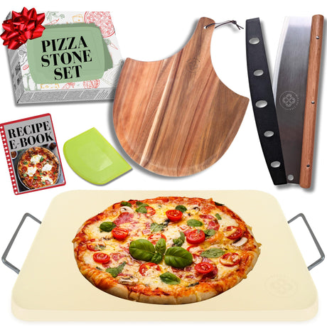 Pizza Stone for Oven and Grill Set - 5PCS Pizza Making Accessories Kit with 15 inch Stones, Peel, Cutter and Dough Tool - Large Rectangular Baking Oven Stones - Baking Stone for Bread Ritual Life