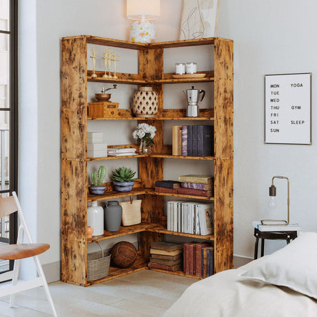 Industrial 6-Tier Corner Bookshelf with Baffles - Vintage Brown Decorative Storage Rack for Home & Office IRONCK