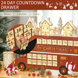 HOMCOM Christmas Advent Calendar, Light Up Table Xmas Wooden Bus Holiday Decoration with Countdown Drawer, Santa Claus Street House, for Kids and Adults HOMCOM