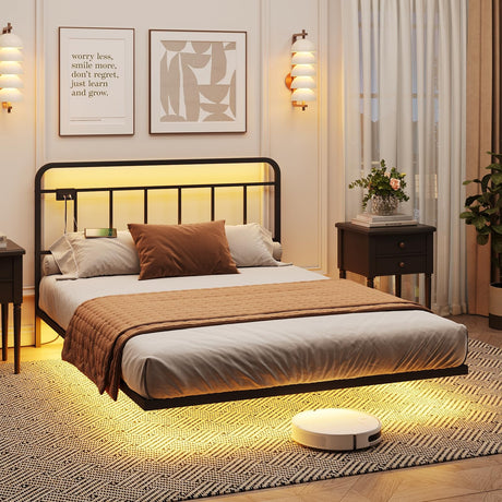 Fameill Queen Size Floating Metal Platform Bed Frame with Vintage Headboard, USB Charging Station, and LED Lights Fameill