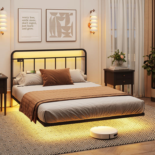 Fameill Queen Size Floating Metal Platform Bed Frame with Vintage Headboard, USB Charging Station, and LED Lights - WoodArtSupply