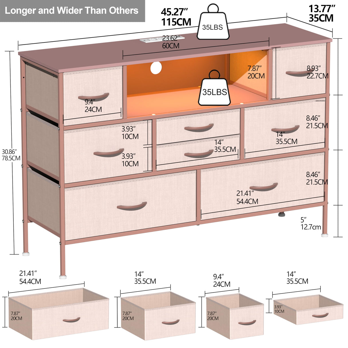 Simoretus Dresser with Charging Station and LED Light for Bedroom 8 Fabric Drawers Chest of Drawers with Power Outlet Storage Open Shelf for Living Room TV Stand Closet Hallway (Pink) Simoretus