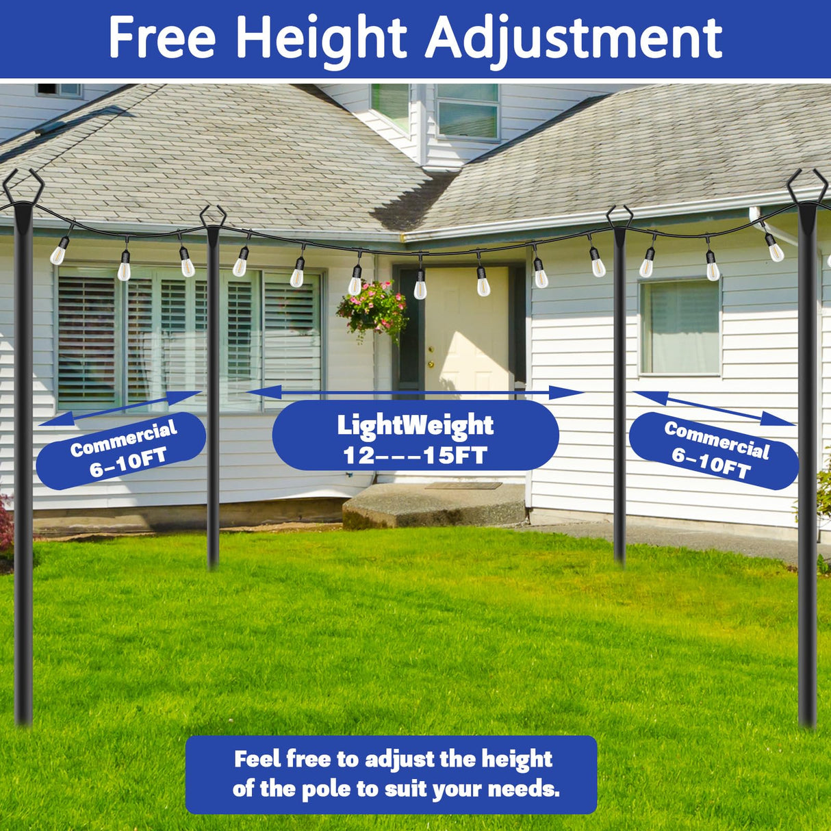 6 Pack 10 ft Heavy Duty Metal String Light Poles Adjustable Outdoor Lighting Stand for Patio,Backyard,Garden,Party & Wedding Rustproof & Sturdy with Hooks talkhigh