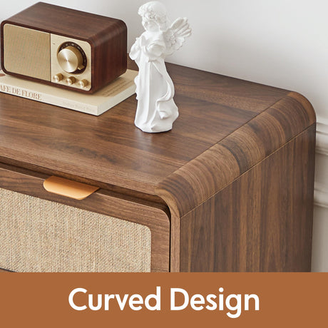 RUSTYER 43" Tall Dresser for Bedroom, 5 Drawer Mid Century Modern Dresser with Natural Linen, Curved Wood Chest of Drawers Closet Clothes Storage Organizer for Living Room, Hallway (Walnut) RUSTYER