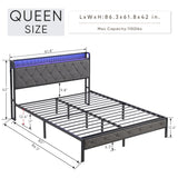 HBRR Modern Queen Size Upholstered Bed Frame with Storage Headboard, LED Lights, and Charging Station in Dark Gray HBRR