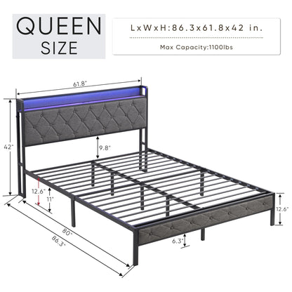 HBRR Modern Queen Size Upholstered Bed Frame with Storage Headboard, LED Lights, and Charging Station in Dark Gray - WoodArtSupply