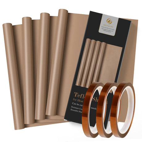 Oranllow 4 Pack PTFE Teflon Sheets for Heat Press, 16x12 Non-Stick Transfer Sheet Heat Press with 3 Rolls Transfer Tape Set for Sublimation Heat Resistant (16x12" Teflon Sheet 4P & 10mm Heat Tape Oranllow