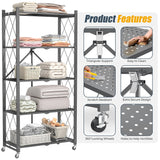 LUCKPRO 5-Tier Folding Metal Storage Rack - 63" Heavy-Duty Steel Frame with Wheels, No Assembly Utility Organizer, Rolling Shelving Unit for Kitchen, Garage, Pantry, Bedroom (Gray, 5 Tier) LUCKPRO