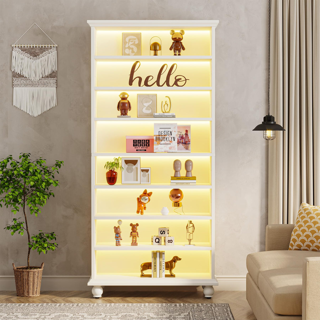 Tribesigns 69-Inch LED-Illuminated 9-Tier Modern Bookcase with Solid Wood Legs - White Tribesigns